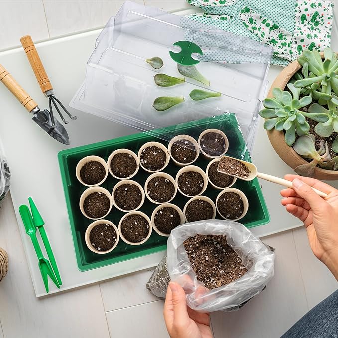Hahood 4 Pack Seed Starter Tray Set Plants Growing Trays Peat Pots for Seedlings with Seed Starter Pots, Plastic Germination Tray, Plant Labels, Tool for Flower Vegetable Planting, Green