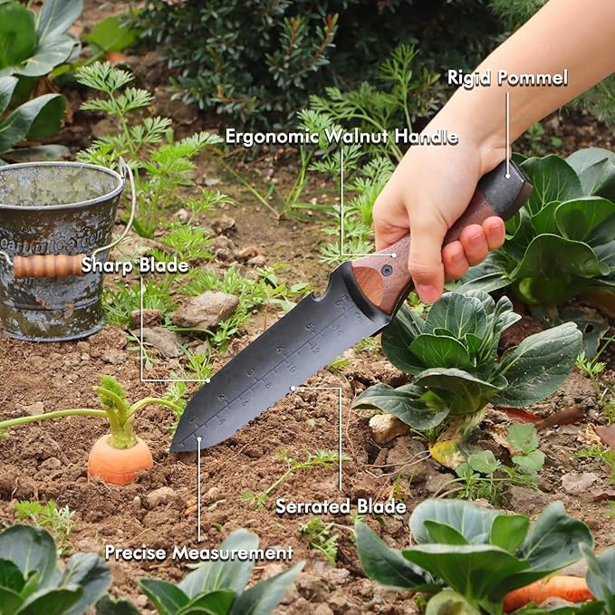 Restmo Hori Hori Garden Knife with Sheath, Durable Weeding & Planting Tool with Dual-Edge High-Strength Stainless Steel Blade, Depth Gauge, Ergonomic Walnut Handle for Gardening