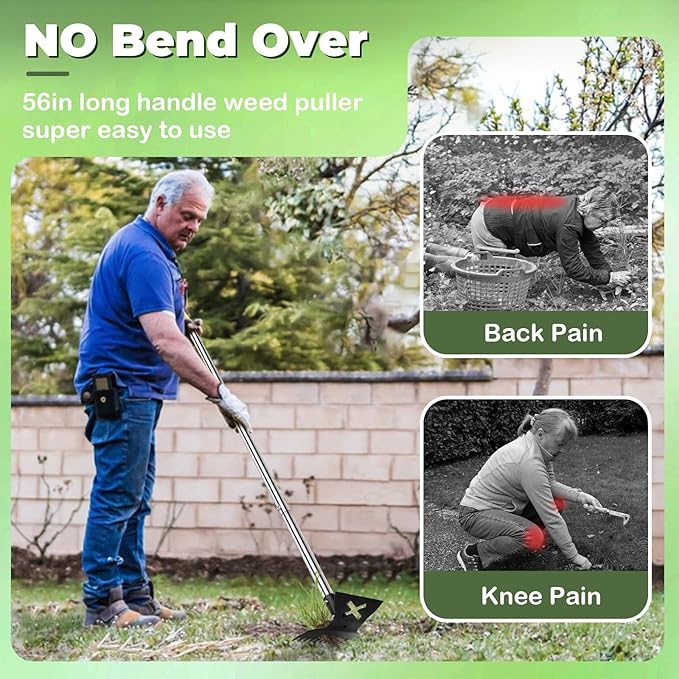 Weed Puller Tool with Long Handle 2.0, Upgraded Weeding Remover Tool, 56" Heavy Duty 10 Teeth Weed Rake & Garden Hoe 2 in 1 Manual Hand Gardening Weeder Tools for Garden, Yard, Patio, Lawn
