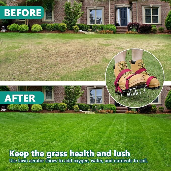 DenForste Lawn Aerator Shoes for Grass - Pre-Assembled Grass Aerator Shoes for Lawn - Soil Yard Aerator Tool for Aerating Patio Garden, Red
