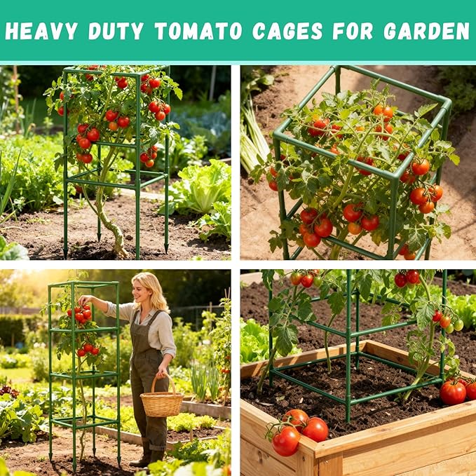 Riare 6 Pack Square Tomato Cages for Garden Plant Support- Up to 60 Inch Tomato Cage Garden Stakes Tomato Trellis for Potted Plants Raised Garden Bed Climbing Vegetables Flowers Outdoor Indoor