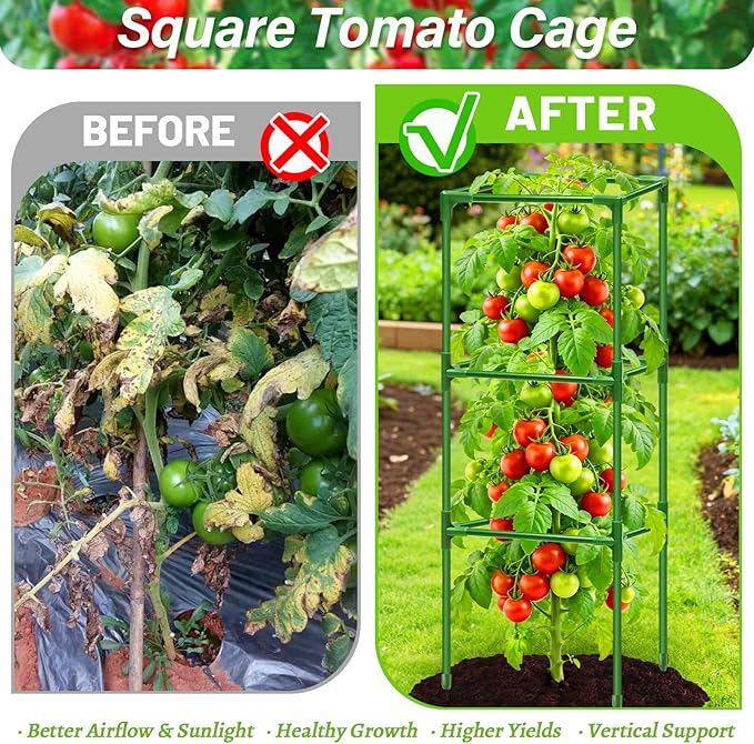 6 Pack Square Tomato Cages for Garden, 45 Inch Adjustable Tomato Stakes, Metal Tomato Trellis, Garden Plant Support for Potted Climbing Plants, Vegetables Flowers Fruits, Raised Garden Bed