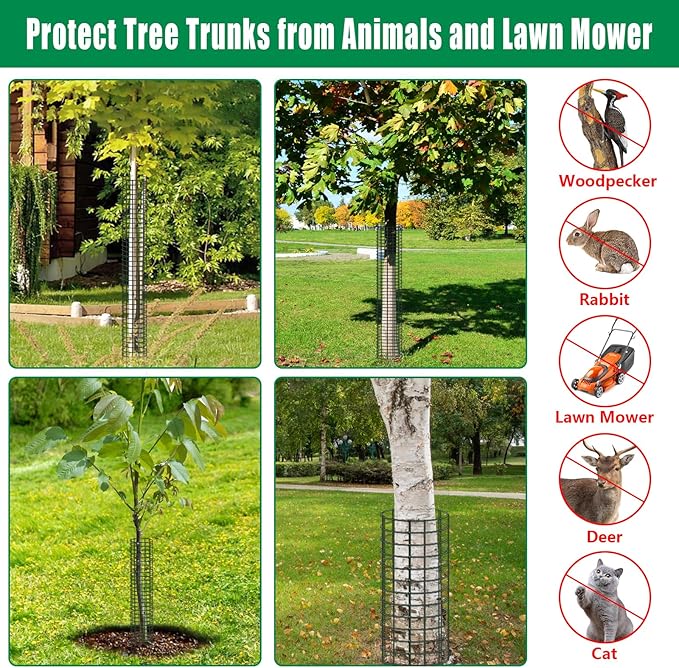 UQM 48 Inch Tree Trunk Protector, 6 Pcs Metal Tree Guards Trunk Protector with Glove & Metal Stakes & Zip Ties, Mesh Tree Bark Protector, Plant Protectors from Deer Animals Mowers Trimmers