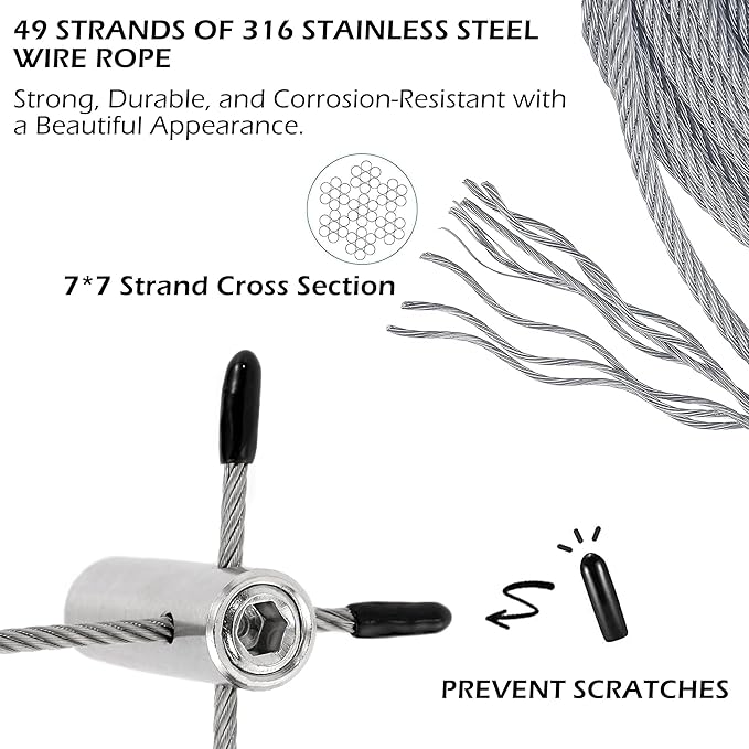 Wire Trellis for Climbing Plants Outdoor, 12-Set Wall Wire Trellis Kit with 1/8in x 53ft Stainless Steel Cable, T316 Cylindrical Espalier System for Fence and Garden DIY Projects
