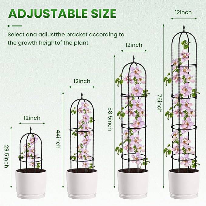 Garden Obelisk Trellis for Climbing Plants - 76" Tall Weather-Resistant Rustproof Metal Plant Flower Support for Roses, Clematis, Tomatoes & Vines, Indoor/Outdoor Use, 12”D (2 Pack)