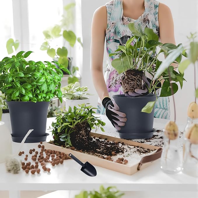 Planter Pots 8 Packs, 7.2 Inches Flower Pots with Drainage Holes & Trays, Ideal for Succulents, Herbs, Flower, African Violet, Garden Plant Pots for Home Garden Kitchen Decor (Dark Grey-2)