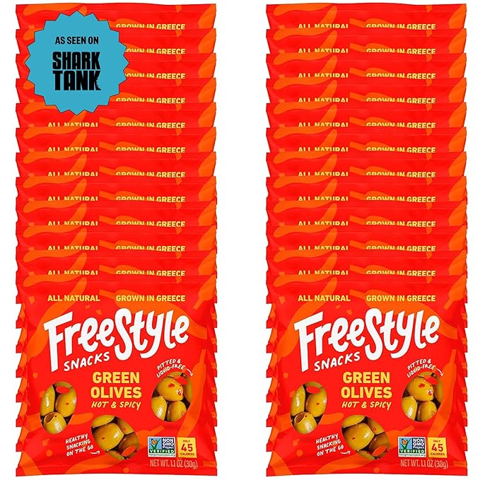 Freestyle Snacks Olive Snack Packs - As Seen on Shark Tank - Single Serve - Fresh Pitted Green Olives, Grown in Greece, All Natural, Non-GMO, Sugar-Free, Salty Snack – Hot & Spicy, 1.1oz (24 Pack)