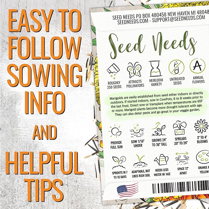 Seed Needs Crackerjack Marigold Seeds for Planting - Heirloom & Open Pollinated Annual Flowers - Plant a Butterfly Garden to Attract Pollinators (5 Packs)