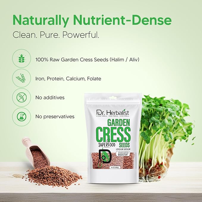 Dr. Herbalist Garden Cress Seeds 14.1oz (400g) – Premium Halim, Aliv, Haleem, Rashad, Watercress (Lepidium Sativum) – Superfood Seeds for Eating – Natural Nutrition Booster – Resealable Freshness Bag