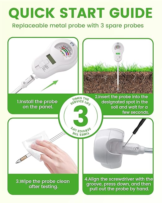 Vlantro 6-in-1 Soil Moisture Meter with 3 Probes, PH/Sunlight/Soil Moisture/Fertility with 3 Removable Probe, Digital Air Temp/Humidity, Soil Tester for Garden, Lawn, Indoor and Outdoor Plants