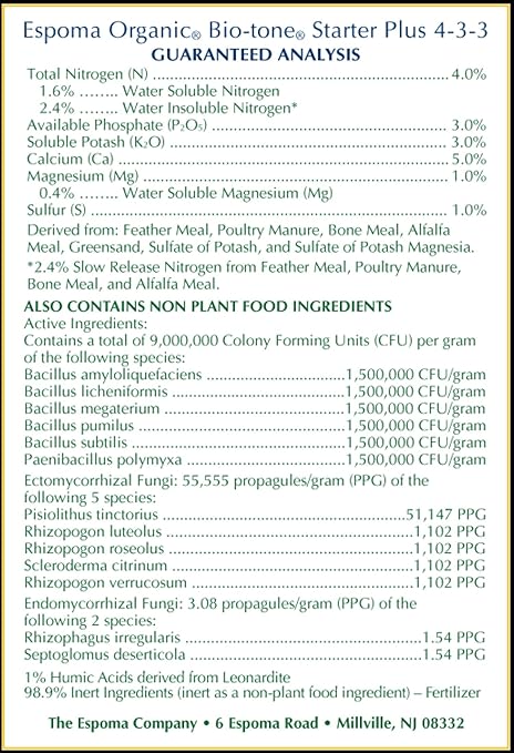 Espoma Organic Bio-Tone Starter Plus 4-3-3 Natural & Organic Starter Plant Food with Both Endo & Ecto Mycorrhizae; 4 lb. Bag; The Ultimate Starter Plant Food