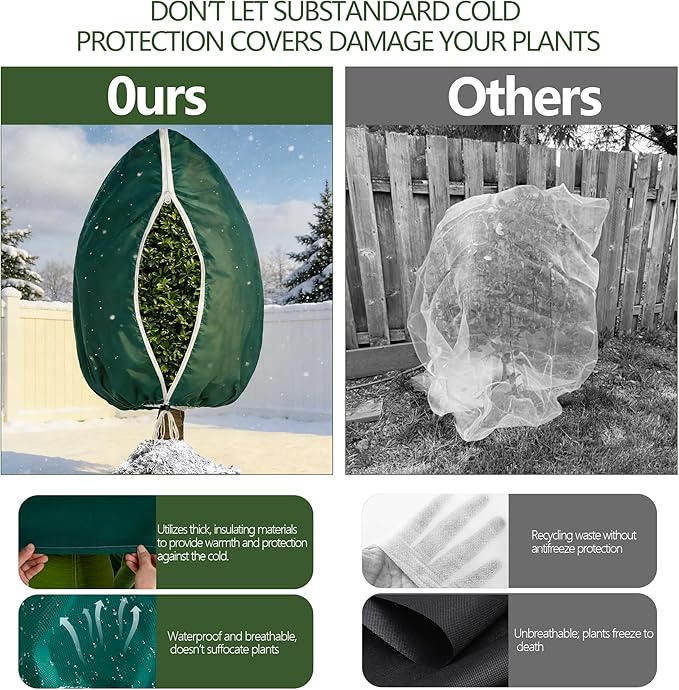 Plant Covers Freeze Protection, 4 Pack Frost Cloth with Zipper Drawstring 32’’×47’’, Reusable Outdoor Protection Jacket for Shrub Tree Potted Plants Winter Cold Weather(Green)