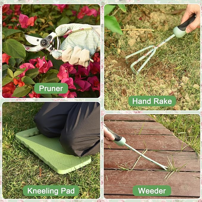 Gardening Tools, WisaKey 10 Piece Heavy Duty Garden Tools Set with Handle, Durable Fashion Garden Organizer Handbag, Ideal Gardening Gifts for Women