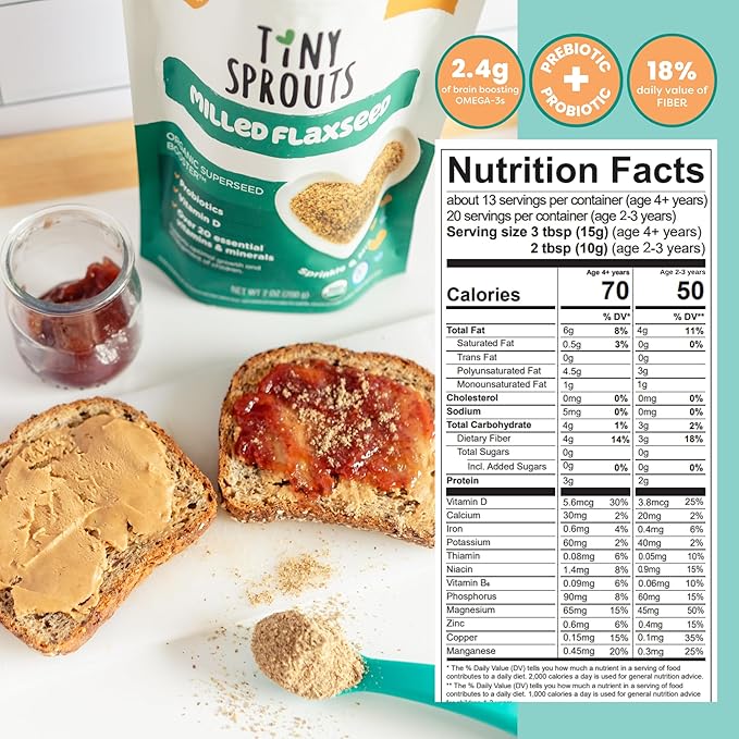 Tiny Sprouts Organic Milled Flaxseed + Full Serving Probiotic + Vitamin D3 | Kids Superfood Nutrition Booster for Brain, Gut & Immune Health | Omega-3, Prebiotic Fiber, Calcium, Protein | Gluten-Free, Plant-Based Superseed Blend | 7 oz