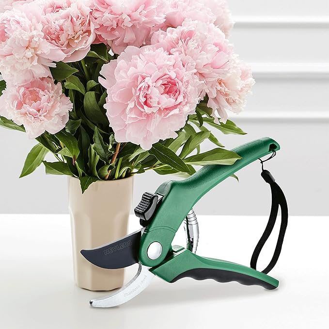 Nevlers 8" Green Bypass Pruning Shears Heavy Duty | Flower Shears & Pruning Scissors w/Steel Blades, Blade Lock & No-Slip Grip | 8mm Cut Capacity Garden Clippers Handheld for Flower Stems & Branches