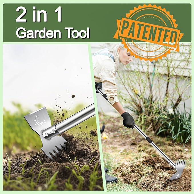 Weed Puller Tool with Long Handle, 60'' Manual Weed Puller Tool, Stainless Steel 2 in 1 Hand Weed Rake,Heavy Duty Garden Hoe for Gardening,Uprooting (Chrome(Stainless Steel), 60" Long Handle)