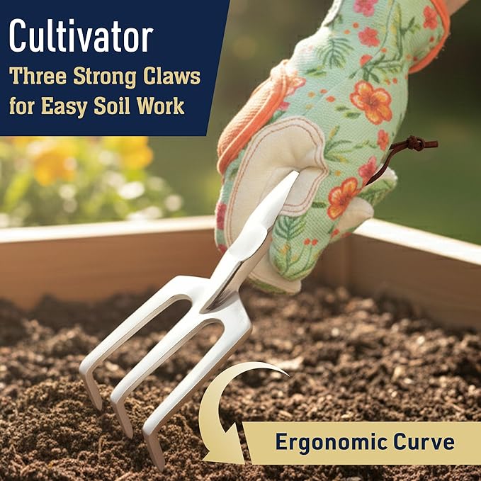 Hand Gardening Tools 3 Pack with Cultivator Hand Rake, Transplanting Shovel, and Garden Trowel for Planting - Heavy Duty Cast Aluminum Garden Tool Set with Ergonomic Handles by Kings County Tools