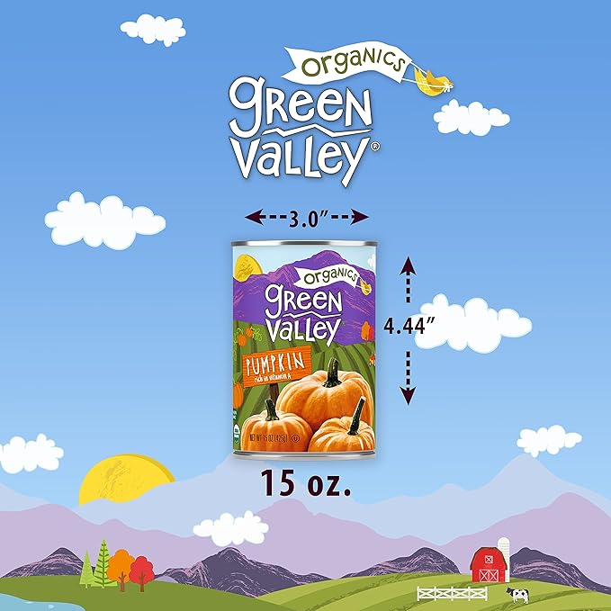 Green Valley Organics Pumpkin | Certified Organic | 100% Dickinson Variety | Sweet Earthy Delicious | Firm & Smooth | Vibrant Autumn Orange | American Grown & Made | 15 oz (Pack of 4)