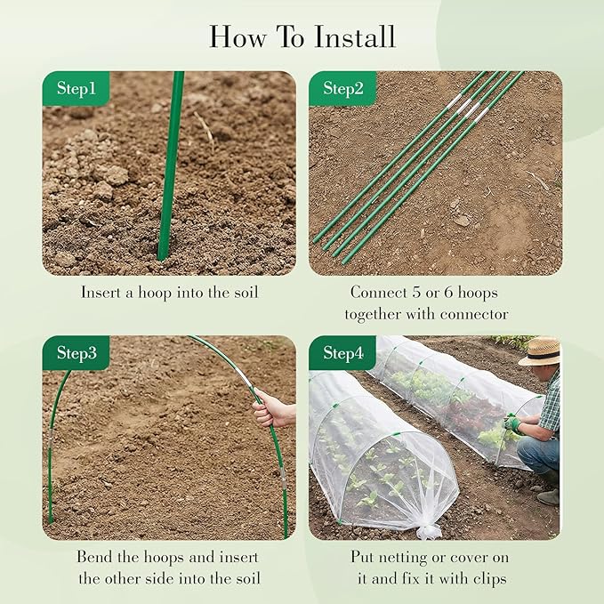 Garden Mesh Netting Kit with Hoops, 36Pcs Greenhouse Hoops Grow Tunnel Garden Covers for Raised Beds Fiberglass Frame Plant Protection Row Cover for Vegetable Fruit Flowers