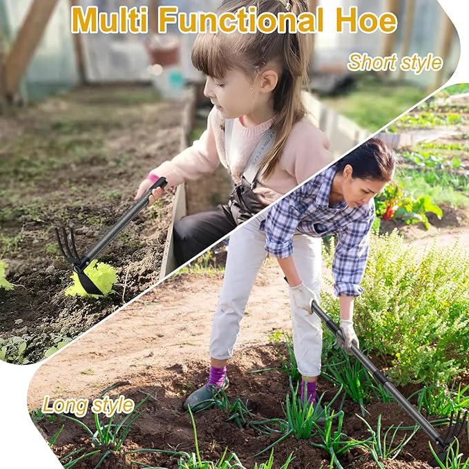 Hoe and Cultivator - 60” Long Handle - Heavy Duty Garden Hoe Tiller, Standing Hoe Garden Tools Durable Cultivator Hoes Hand Rake Fork for Gardening Weeding Planting Loosening Soil