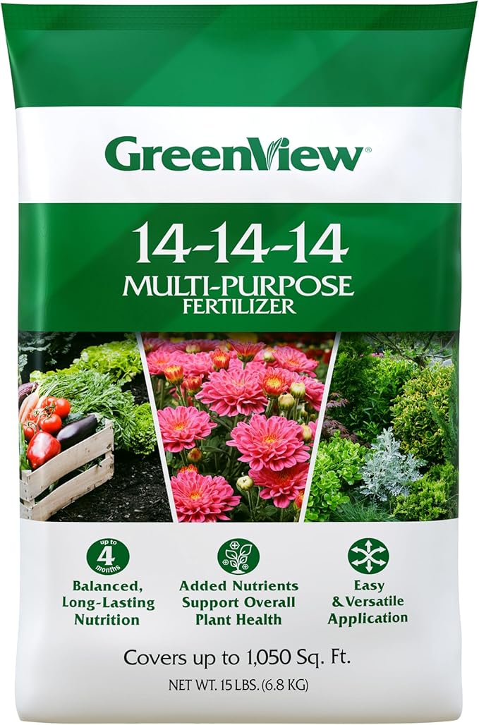 GreenView Multi-Purpose Fertilizer, NPK 14-14-14; 15 lb. Bag - Plant Food Feeds Vegetables, Flowers, Trees and shrubs for up to 4 Months - Covers up to 1,050 sq. ft.