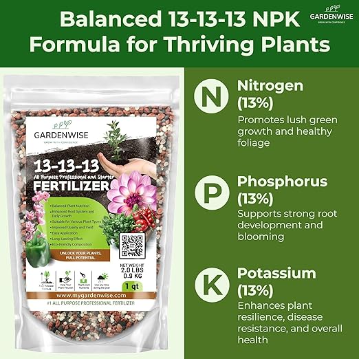 Gardenwise 13-13-13 Slow Release Granular Fertilizer – All Purpose Plant Food 13 13 13 for Outdoor Grass, Vegetables, Roses, Flowers, Shrubs, Trees. Lawns, Gardens, Potted Plants (1/2 Quart)