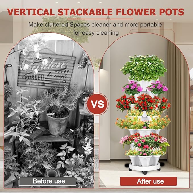 7 Tier Vertical Strawberry Planter-Tower Stackable Herb Planters-Stacking Garden Outdoor Planter Pot with Tools Mover for Flowers, Vegetables and Succulents, Light Grey