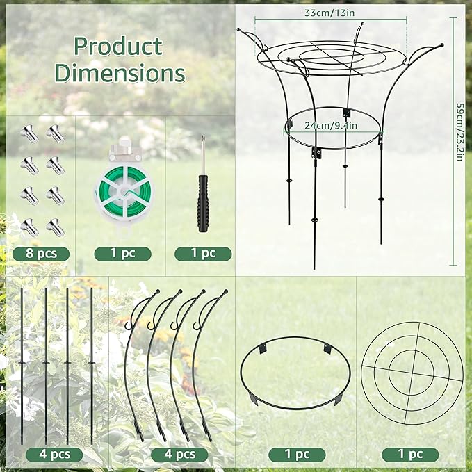 Fayoo 2 Pack Peony Cages and Supports with Twist Ties, 23.2" H X 13" D Heavy Duty Metal Plant Support Rings, Outdoor Flower Cage Garden Stakes for Peonies, Roses, Hydrangeas, Climbing Vines