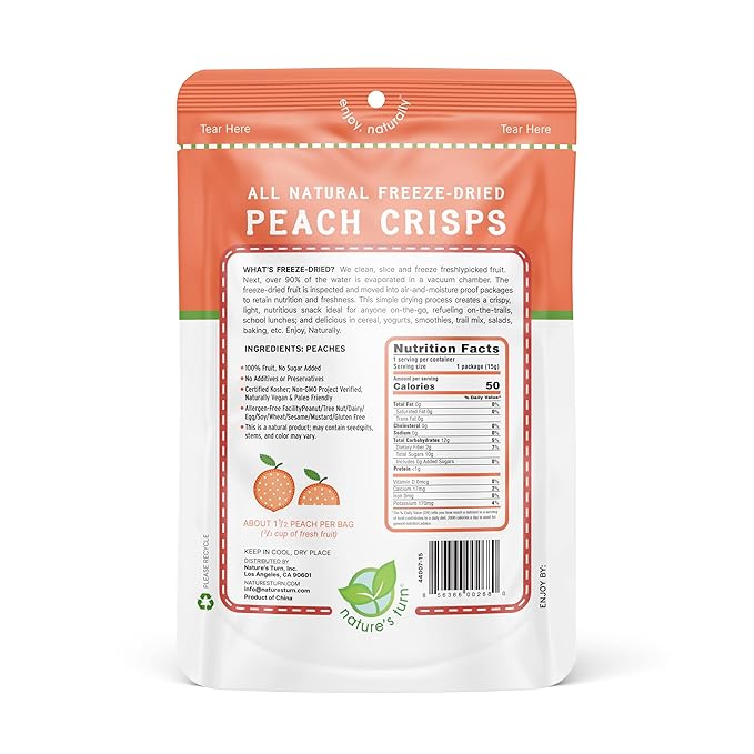 Nature’s Turn Freeze-Dried Peach Crisps – Healthy, Gluten-Free, Crispy & Delicious, Plant-Based Snack, Ideal for Cereal, Smoothies, School Lunches, & On-the-Go, Bags of 6 (0.53 oz Each)