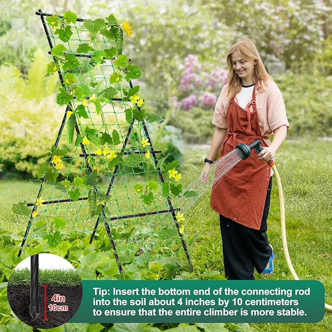 Cucumber Trellis A Frame Garden Trellis, Vertical Plant Support with Netting for Raised Bed Backyard Gardening, PE Coated Steel Climbing Trellis for Cucumbers Tomatoes Beans