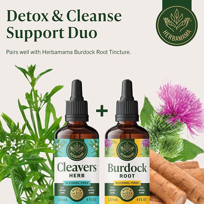 HERBAMAMA Cleavers Herb Tincture - Vegan Natural Detox & Cleanse Support with Cleavers Leaf Extract Drops - Non-GMO, Alcohol & Sugar-Free Liquid Herbal Supplement, 84-Day Supply