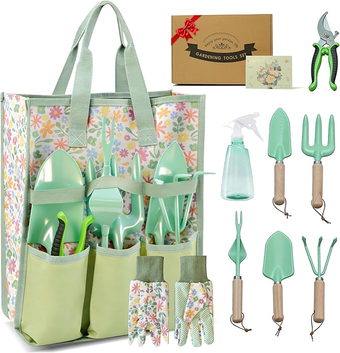 Gardening Tools 9-Piece Heavy Duty Gardening Hand Tools Set (Green), Stainless Steels and Reinforced Garden Supplies Kit, Durable Garden Tools Organizer Handbag, Ideal Garden Gifts for Women