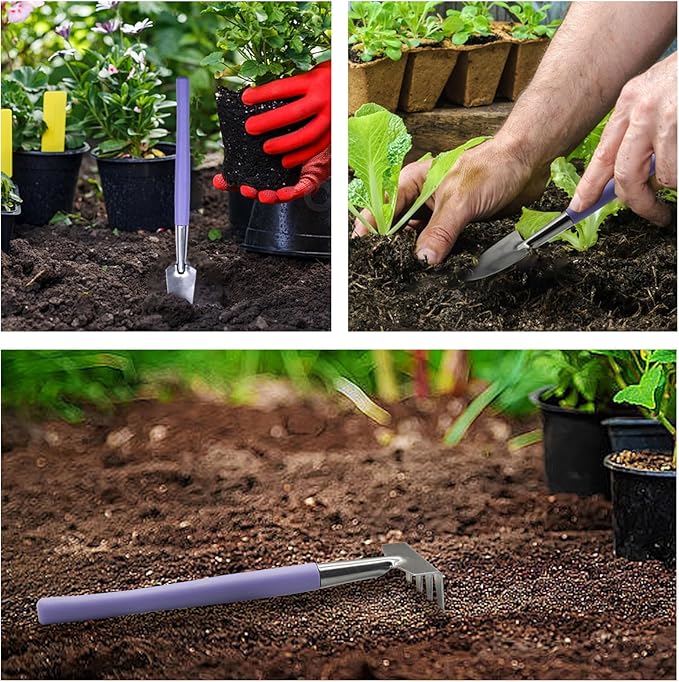 Mini Gardening Tools, 3Pcs Stainless Succulent Tools Kit Shovel Rake Trowel, 2 Colors Hand Shovel for Gardening for Indoor Small Plants, Succulents, Potted Plants, Bonsai (Purple)