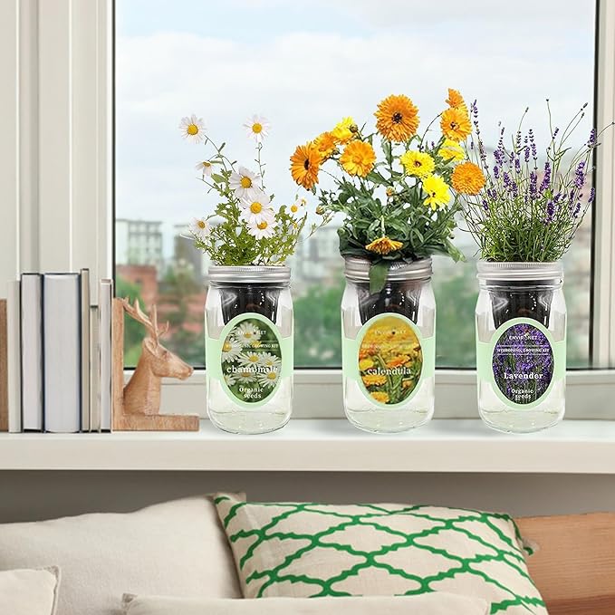 Hydroponic Herb Growing Kit Set, Self-Watering Mason Jar Herb Garden Starter Kit Indoor, New Christmas Gift for Mom (Calendula, Chamomile & Lavender)