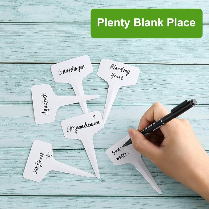 200 Pcs Plant Labels T-Shape, 4 Inch Plastic Potted Plant Name Tags, Seedlings Seed Label Markers Nursery Plant Stake Tag with Bonus Marking Pen for Outdoor Indoor Garden Patio Flower Vegetable, White