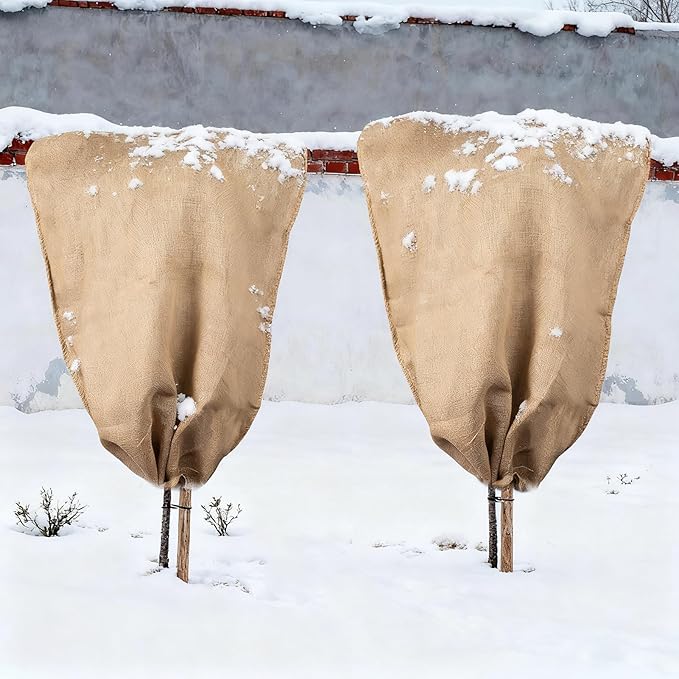 ANPHSIN Burlap Plant Covers Freeze Protection for Patio Winterizing - 2pcs 24"×40" Winter Frost Protector with Drawstring, Reusable Tree Freeze Blanket for Garden Bushes