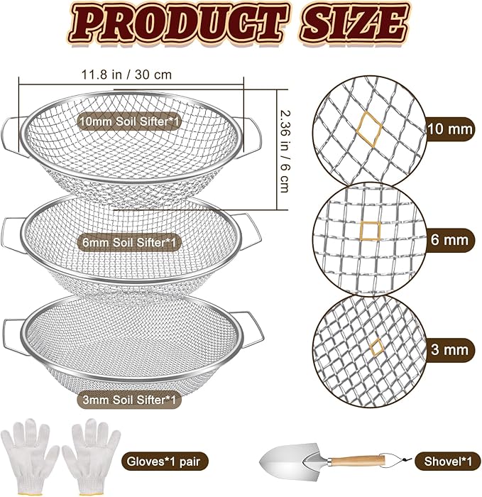 3PCS Soil Sifter for Gardening, Rock Soil Sifter with Handle Compost Sifting Screen for 5 Gallon Buckets Garden Metal Sieve Strainer with Shovel 3,6,10mm Mesh Sizes Remove Stone Fine Gravel Sand Dirt﻿