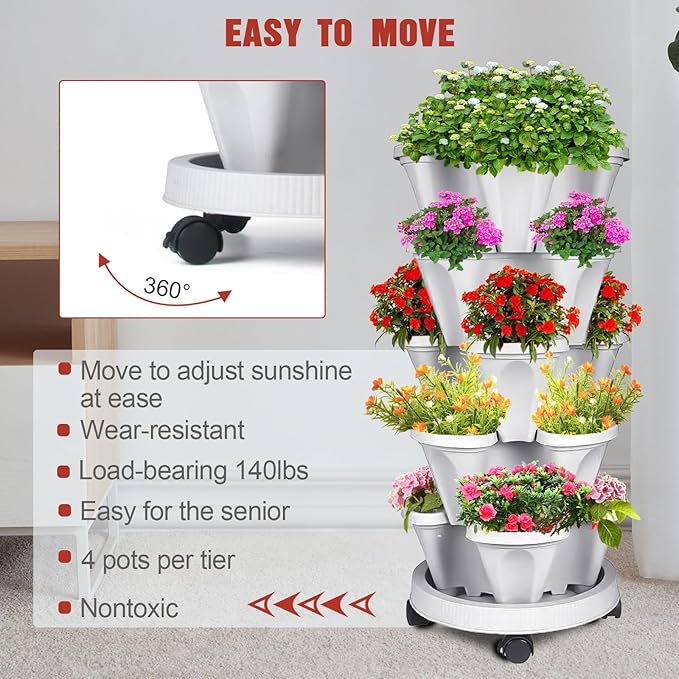 7 Tier Vertical Strawberry Planter-Tower Stackable Herb Planters-Stacking Garden Outdoor Planter Pot with Tools Mover for Flowers, Vegetables and Succulents, Light Grey