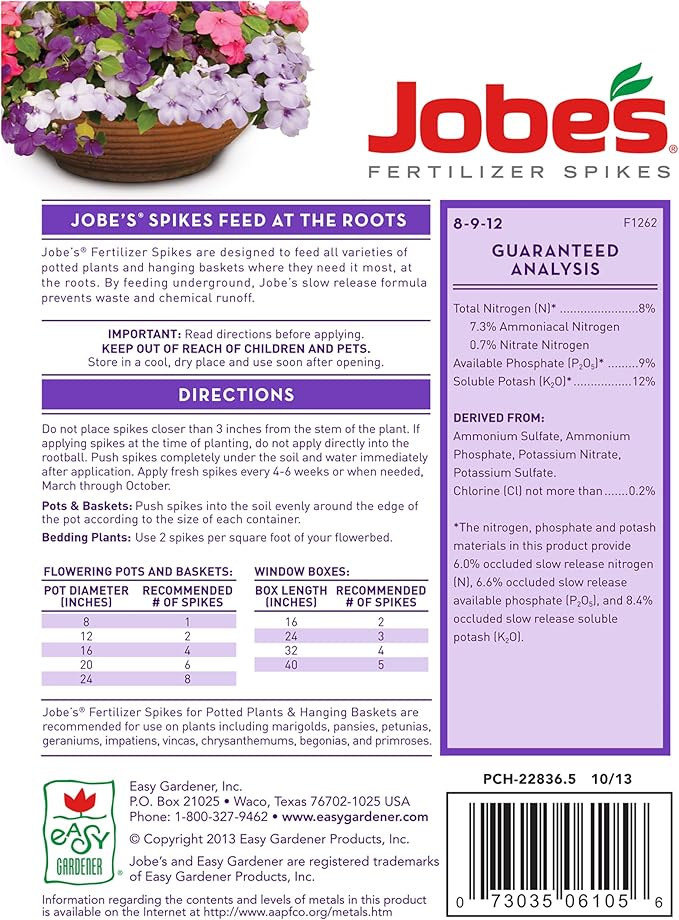 Jobe’s Flower Fertilizer Spikes, Easy Plant Care Fertilizer for Potted Plants and Hanging Baskets, 18 Count