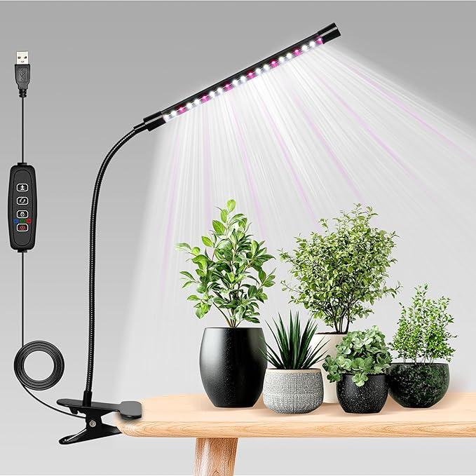 iPower Plant Grow Light, 6000K Full Spectrum Clip LED Growing Lamp for Indoor Plants, Automatic Timer & 10 Dimmable Levels, 1 Tube