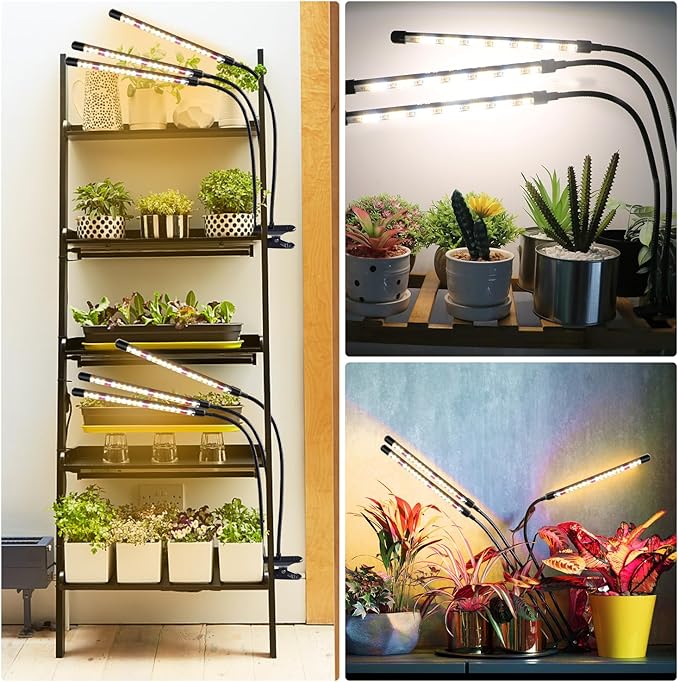 3head Plant Lights, 2Pack Grow Lights for Seed Starting, Full Spectrum Growing Lamps with Clip for Indoor Plants, Auto ON & Off Timer 3/9/12H, 3 Switch Modes, 10-Level Dimmable Brightness