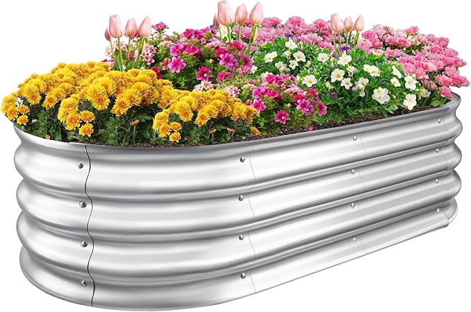 Sponvatt Raised Garden Bed - Outdoor Galvanized Raised Garden Bed Planter Boxes, Large Oval Metal for Gardening Planter Box Kit,Suitable for Vegetables,Herbs, and Flowers Silver (4x2x1Ft)