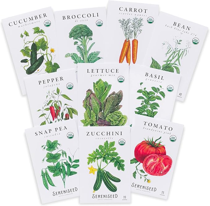 Sereniseed Certified Organic Vegetable Seeds (10-Pack) – Non GMO, Open Pollinated - Basil, Snap Pea, Broccoli, Bean, Jalapeno, Tomato, Lettuce, Cucumber, Carrot, Zucchini Seeds for Planting