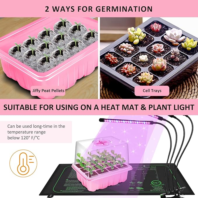 YAUNGEL Seed Starting Trays, 10 Pack 120 Cells Thicken Seed Starter Tray Kit with Humidity Dome/Heightened Lids Durable Growing Trays for Greenhouse & Gardens, Pink