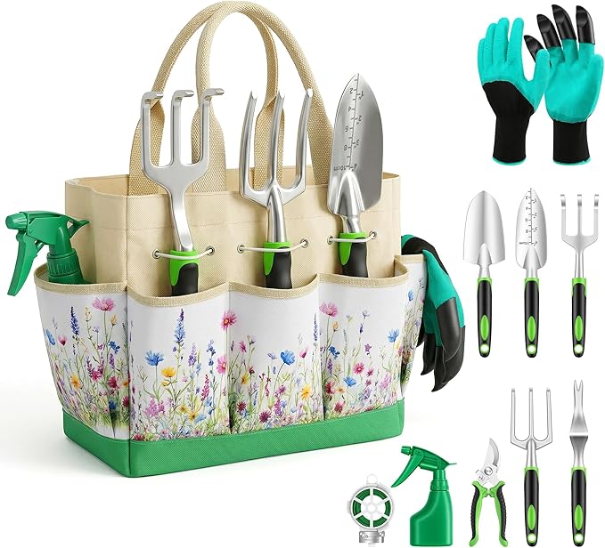 Gardening Tools 10-Piece, Heavy Duty Garden Tool Set with Fashion and Durable Garden Tools Organizer Handbag, Rust-Proof Gardening Hand Tools Weeding Kit, Ideal Gardening Gifts for Women