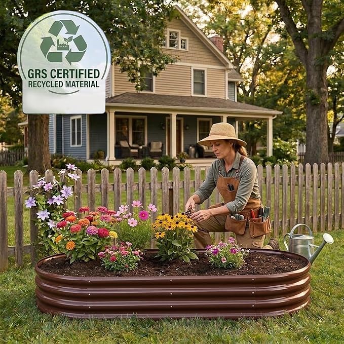 Raised Garden Bed GRS Certified Galvanized Planter Box Outdoor, 5ft Oval Rot-Resistant Metal Garden Bed Planter, Recycled Material Planter for Vegetables Flowers Herbs (Brown)