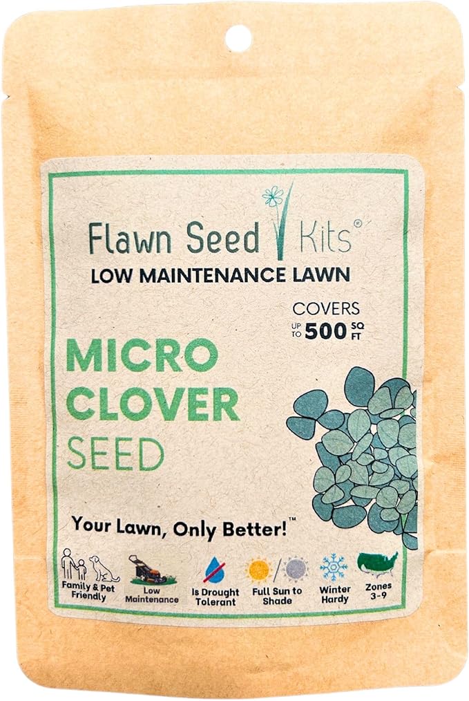 Flawn Seed Kits Micro Clover Seed, 2.2 Oz, Organic Coated, Eco-Friendly, Low Growing, Low Maintenance, Lawn Alternative, Compostable Pouch, Covers Up to 500 Sqft