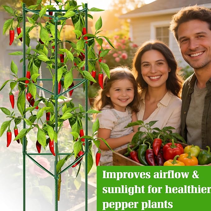 3 Pack Pepper Cages for Garden, 48" Adjustable 1–3 Tier Pepper Plant Support, Heavy Duty Steel Pepper Cage, Rust-Resistant Triangle Frame for Grow Bags, Patio & Raised Beds, Tomato Cage Alternative