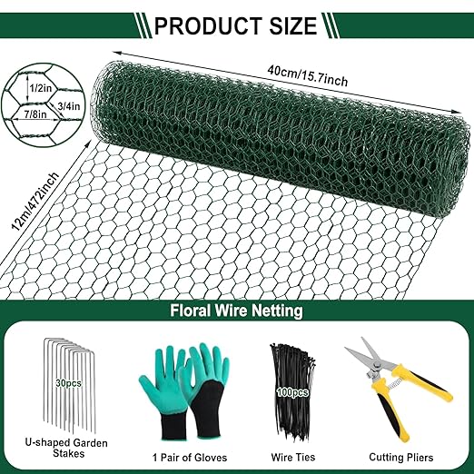 West Bay 39.4Ft x 16In Plant Protectors from Animals, Plant Cages for Outdoor Plants, Chicken Wire Netting to Keep Animals Out, Metal Mesh Plant Protector with Ground Stakes, Nylon Ties & Pliers