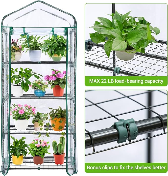 Mini Greenhouse for Outdoors Indoor: 27 x 19 x 62-Inch Ohuhu Small Green House with 4 Tier Shelves, Portable Plastic Greenhouses with Heavy Duty Transparent PVC Cover for Seedling Patio Porch Balcony